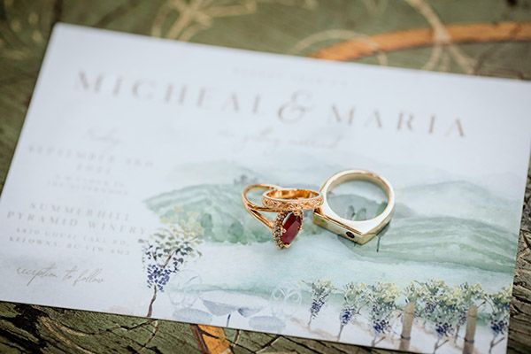 Wedding rings and invitations arranged on a soft blue background with delicate floral details and calligraphy.