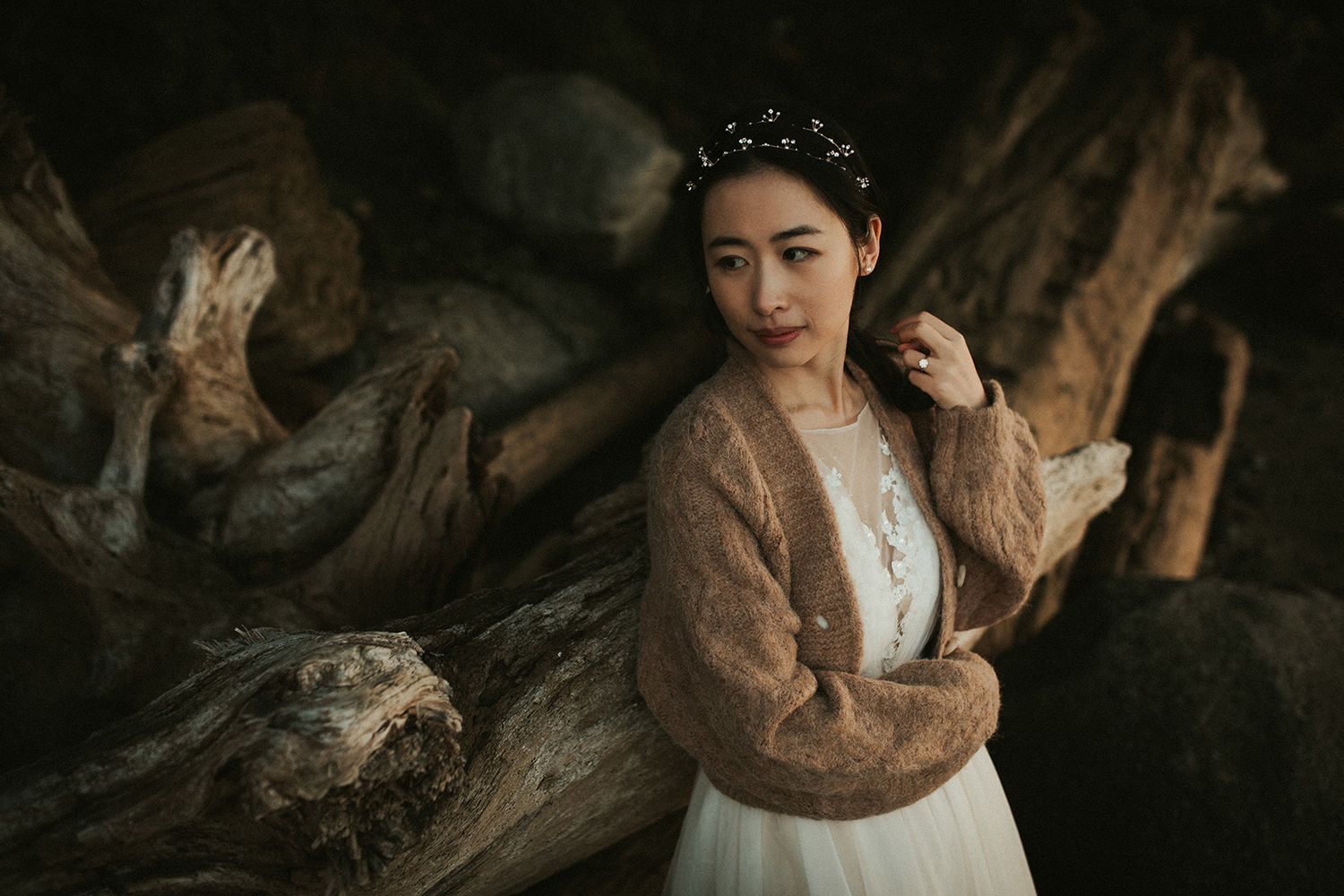 A bride in vintage wedding dress poses against a pile of rustic logs on a beach. Dramatic soft lighting and natural elements create a mood.