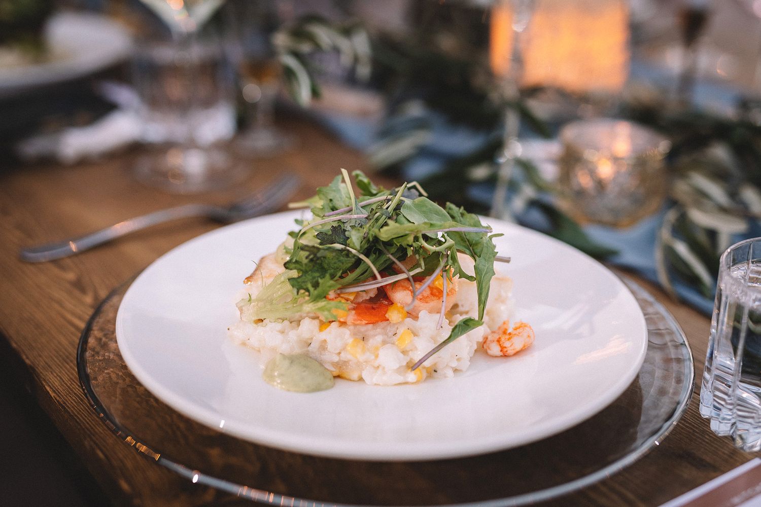 Elegant plated dish with micro-greens and sauce served on white china at an upscale wedding reception.