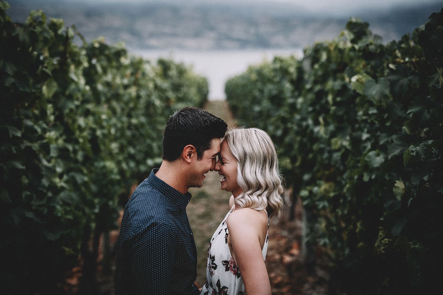 Romantic couple shares intimate moments in a lush vineyard setting during sunset.