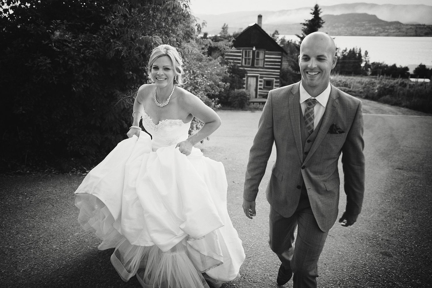 A collection of black and white wedding photos showing couples walking and celebrating outdoors in formal attire.