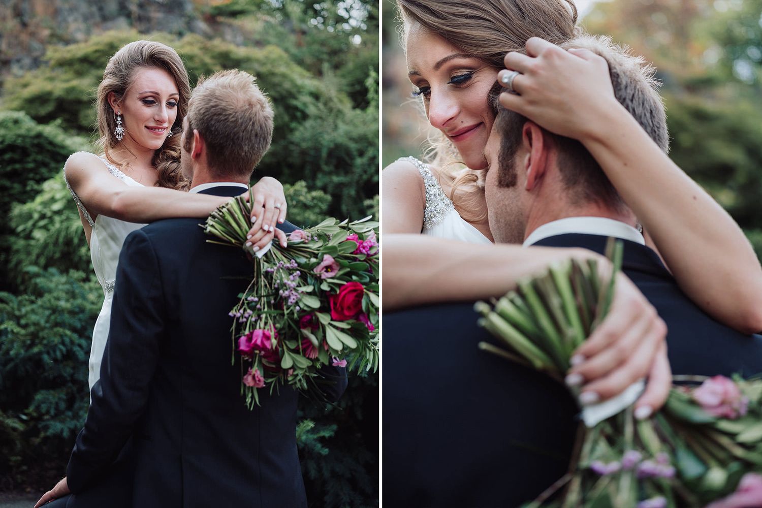 A romantic wedding photo series showing intimate moments between a couple in a garden with pink flowers.