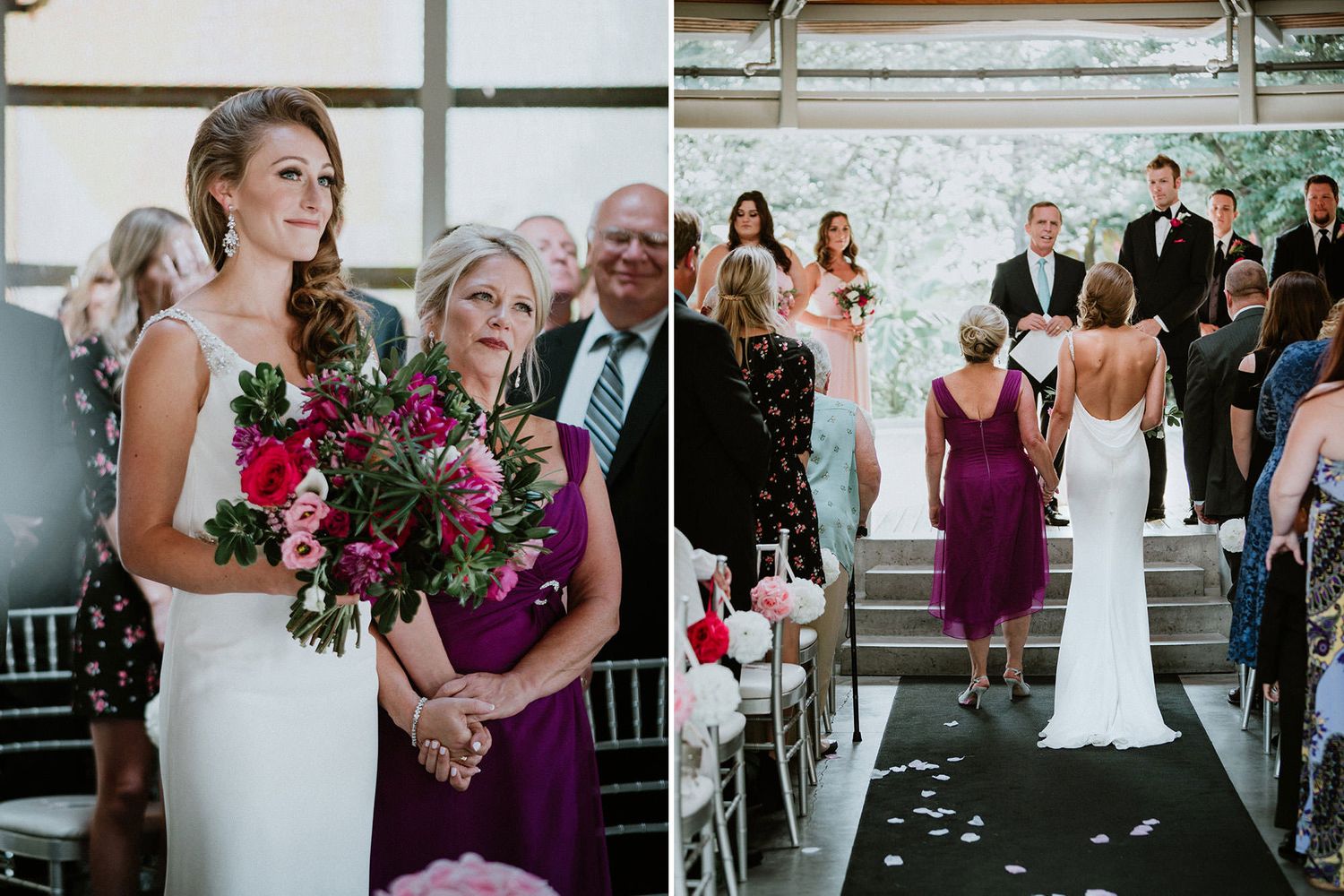 A wedding ceremony and reception collage showing elegant purple bridesmaid dresses and floral arrangements.