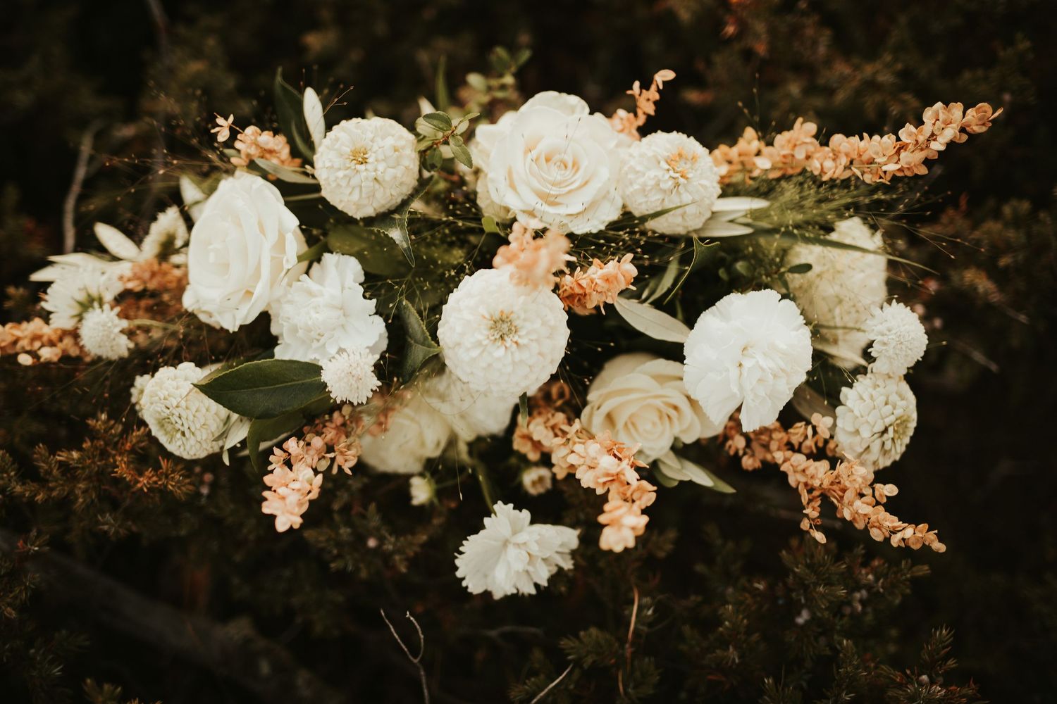 A romantic floral arrangement with white roses and peach-colored astilbe flowers against a dark background.