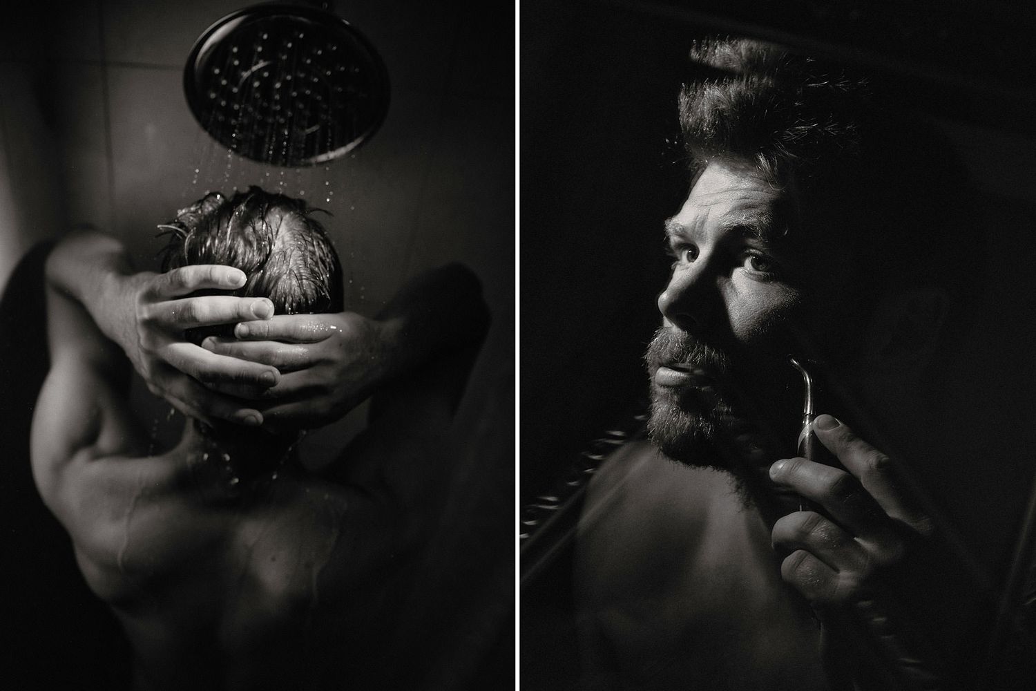 A dramatic black and white photo series showing a man washing his hair in a shower and shaving while looking into a mirror.