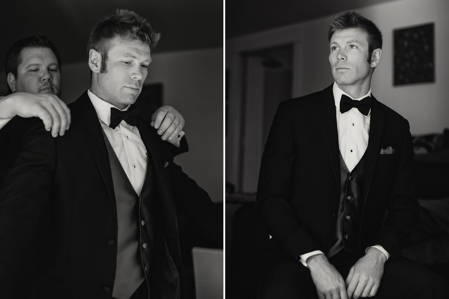 A collection of vintage black and white photographs showing men in formal tuxedos and evening wear.