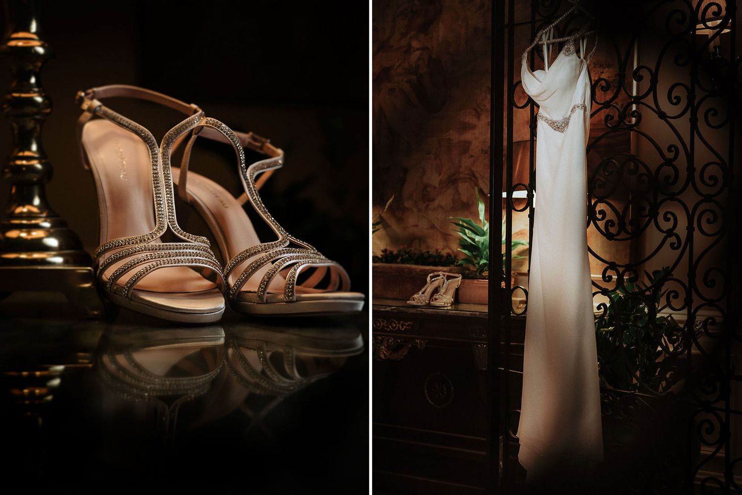 Elegant wedding shoes arranged in various poses against a dark background with ornate metallic details.