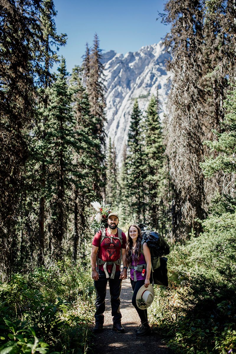 Hikers explore a scenic mountain trail surrounded by evergreen trees with snow-capped peaks in the background.