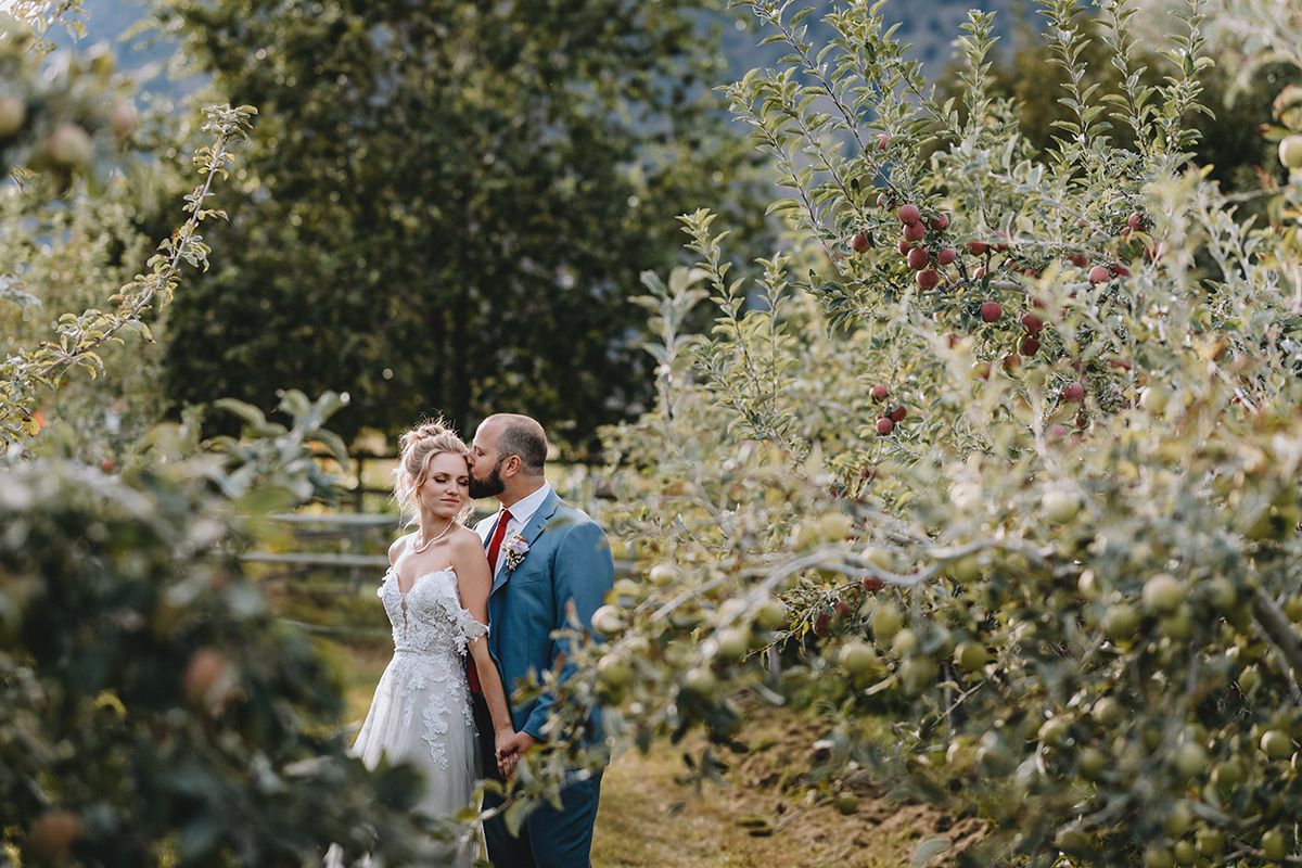 A wedding couple share a tender moment in a sunlit garden surrounded by white flowering bushes and greenery.