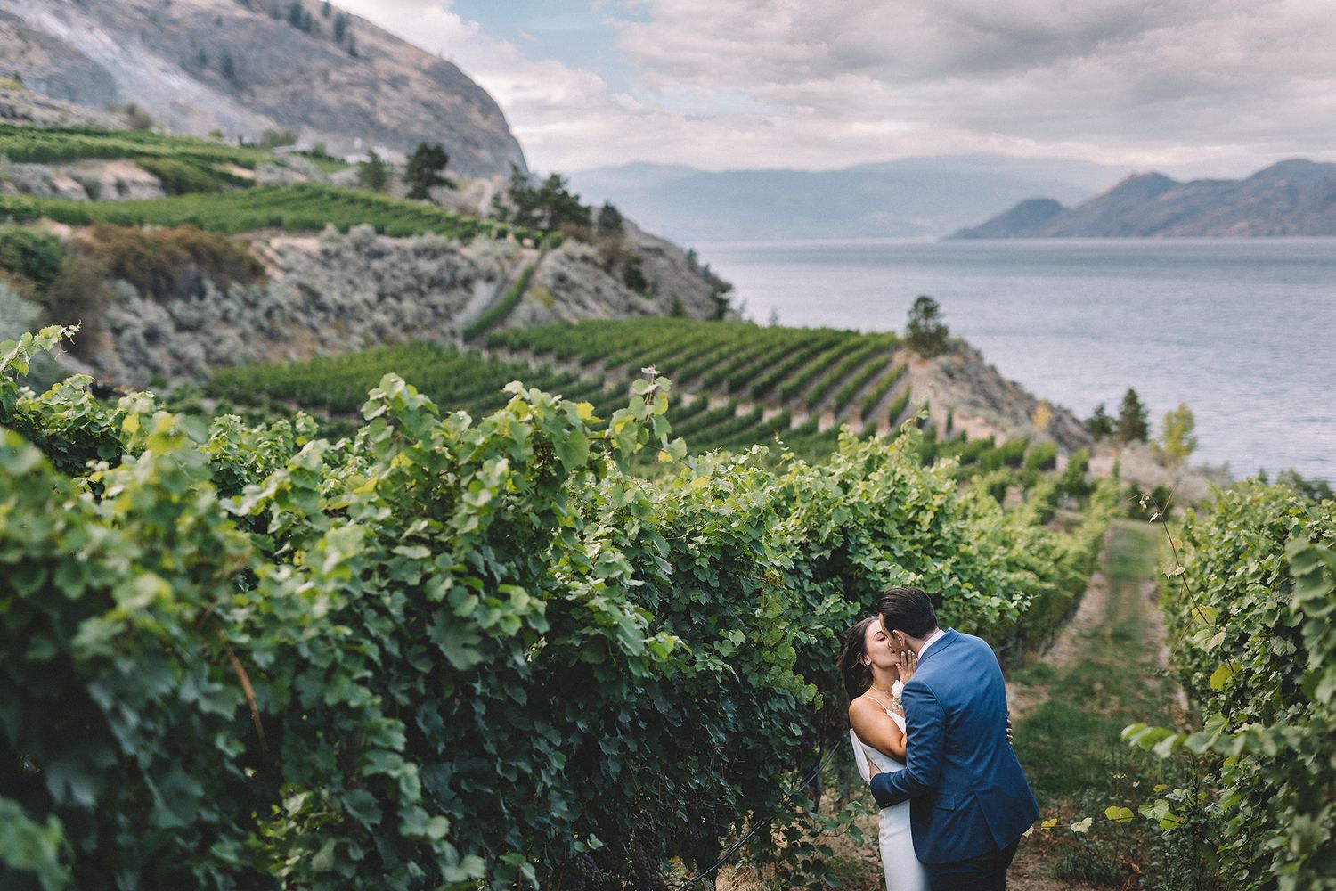 A bride in white and her groom in blue are embracing in a scenic vineyard with rolling hills, grapevines, and lake in the background.