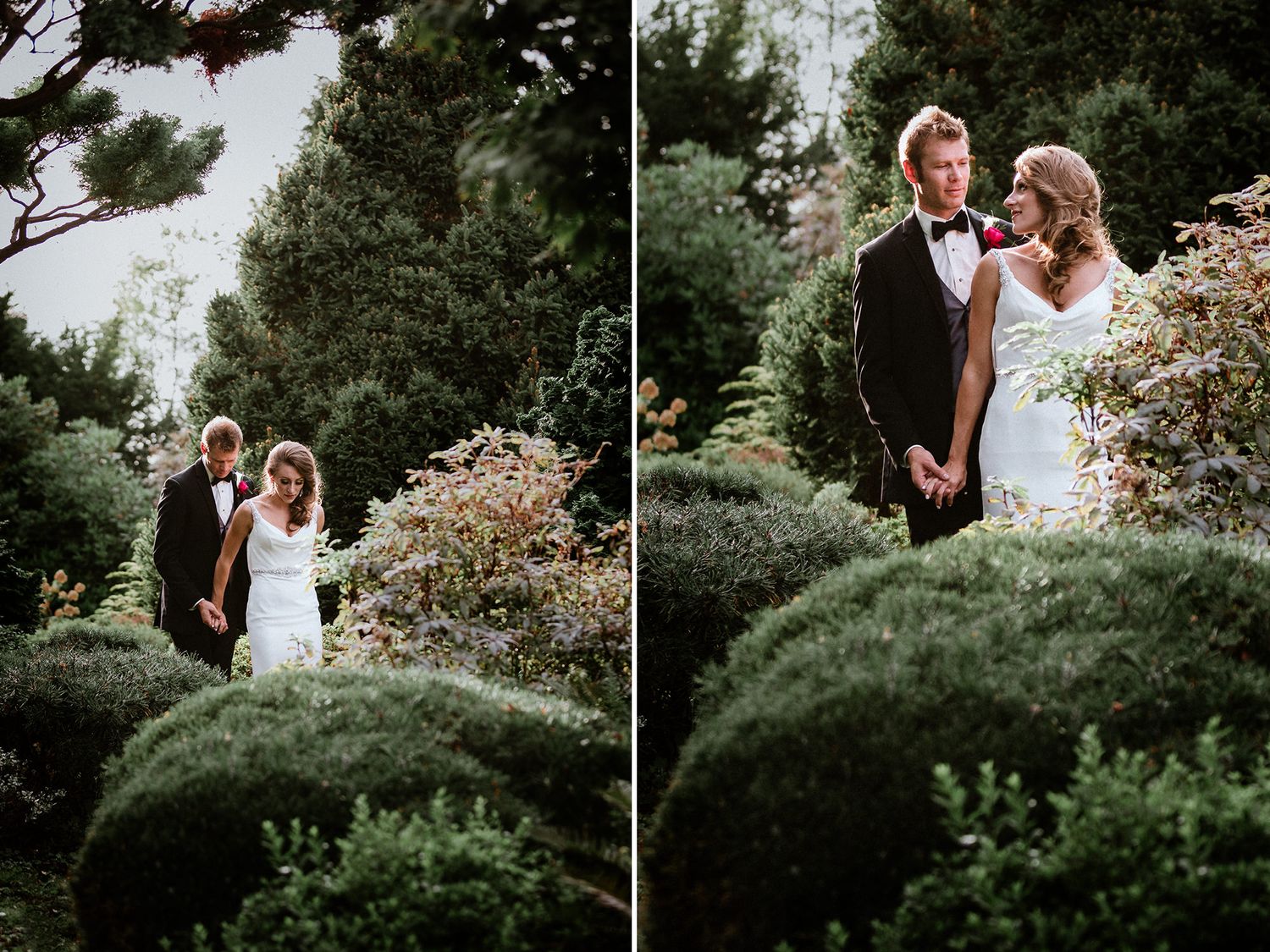 Newlywed couple shares romantic moments in a lush garden setting with white floral blooms.