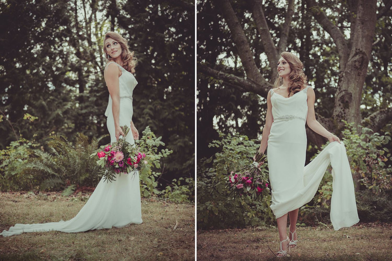 A bride in a flowing mint green dress poses gracefully in a lush garden setting with blooming flowers and trees.