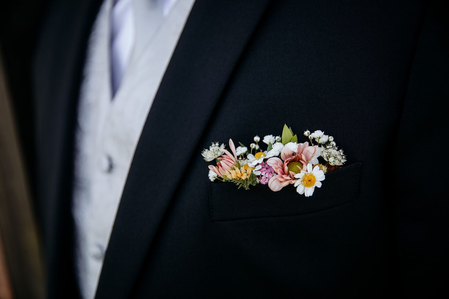 A row of formal black suit lapels adorned with small daisy and wildflower boutonnieres.
