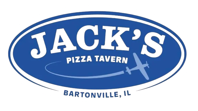 Blue and white restaurant logos for Jack's Pizza Tavern in Bartonville, IL displayed in a horizontal row.