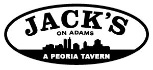 Black and white logo for Jack's on Adams featuring a city skyline silhouette.