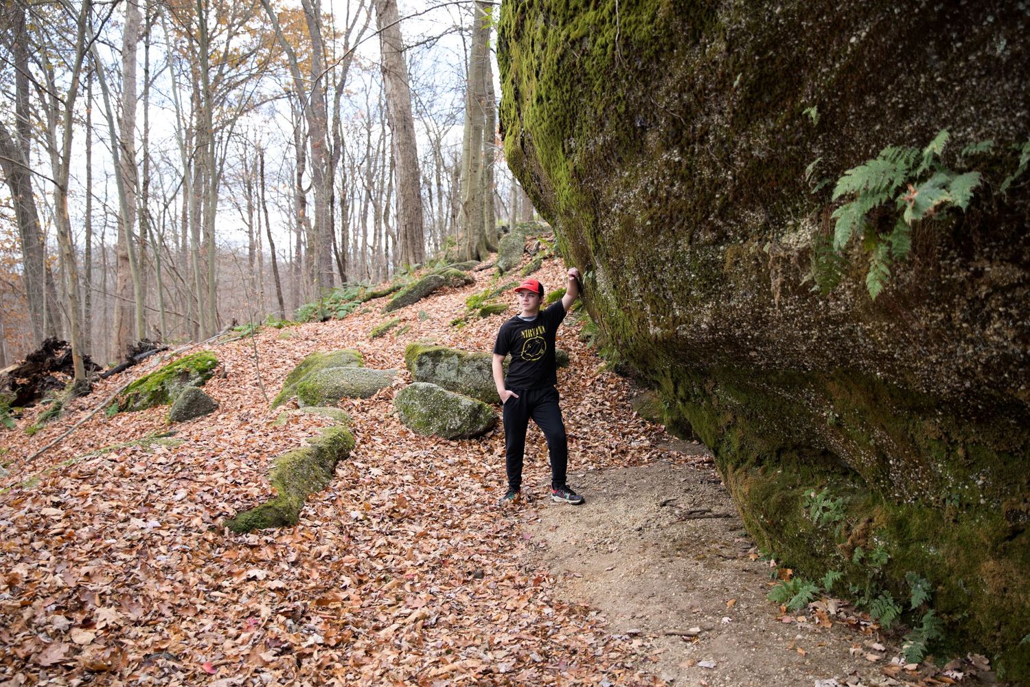 Scenic forest trail winding between large moss-covered rock formations in autumn.
