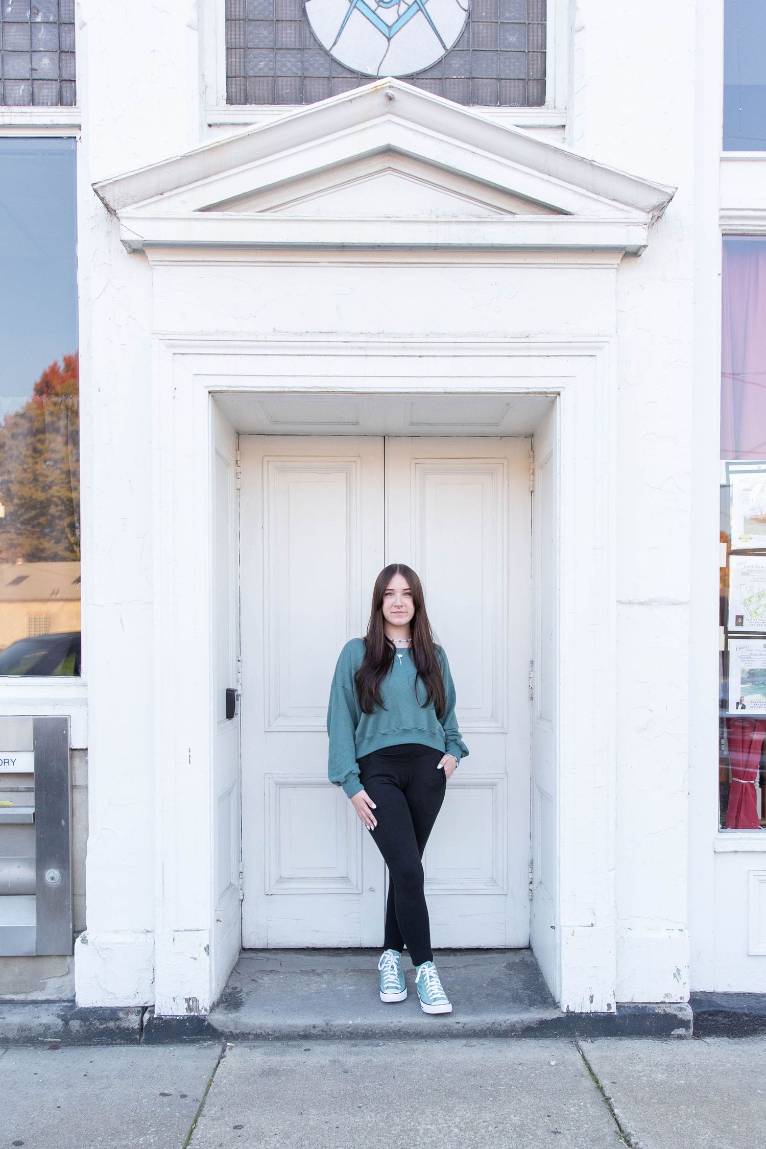 Series of photos against a white church building with classic architectural details.