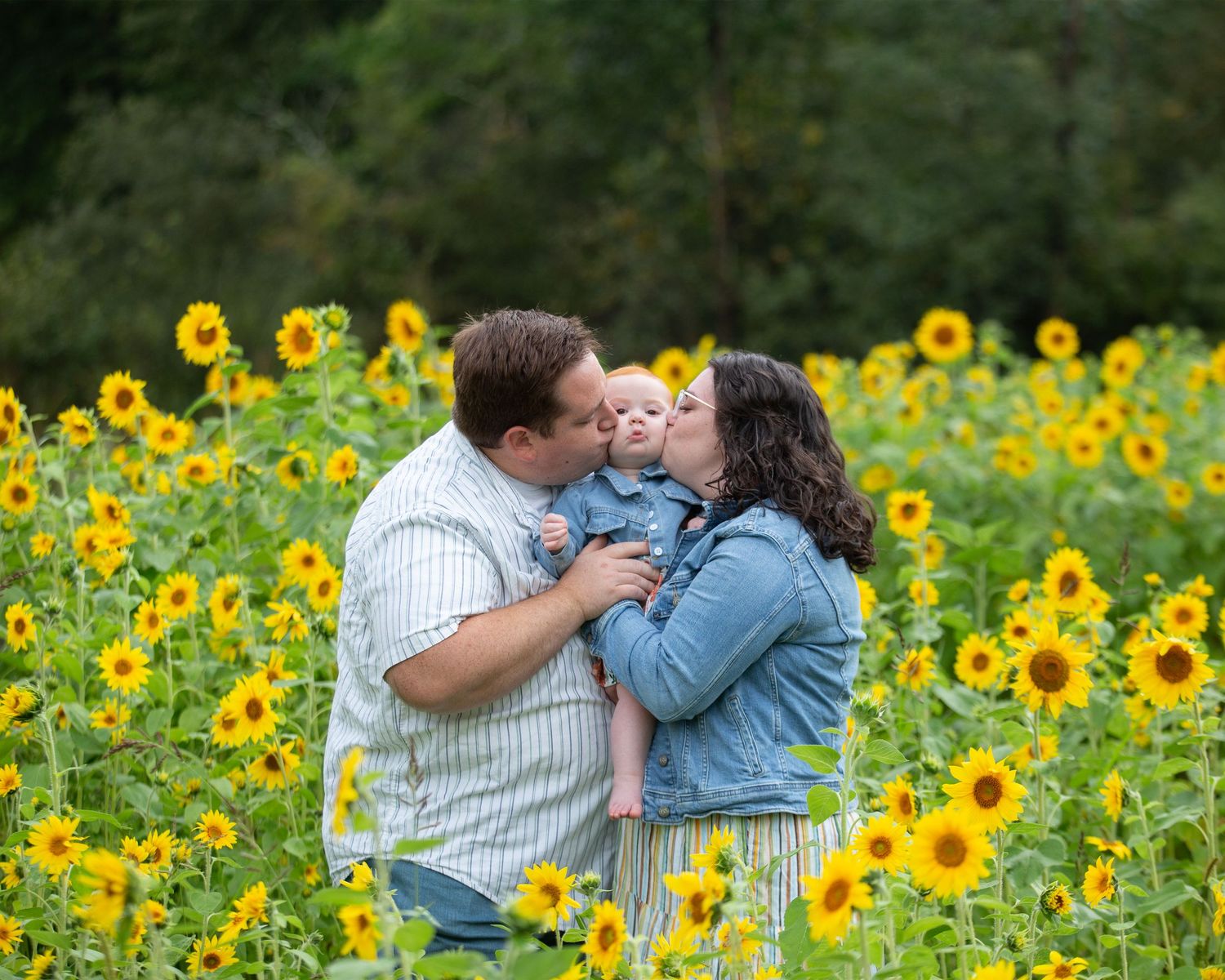 A couple shares a romantic moment in a vibrant field of blooming sunflowers.
