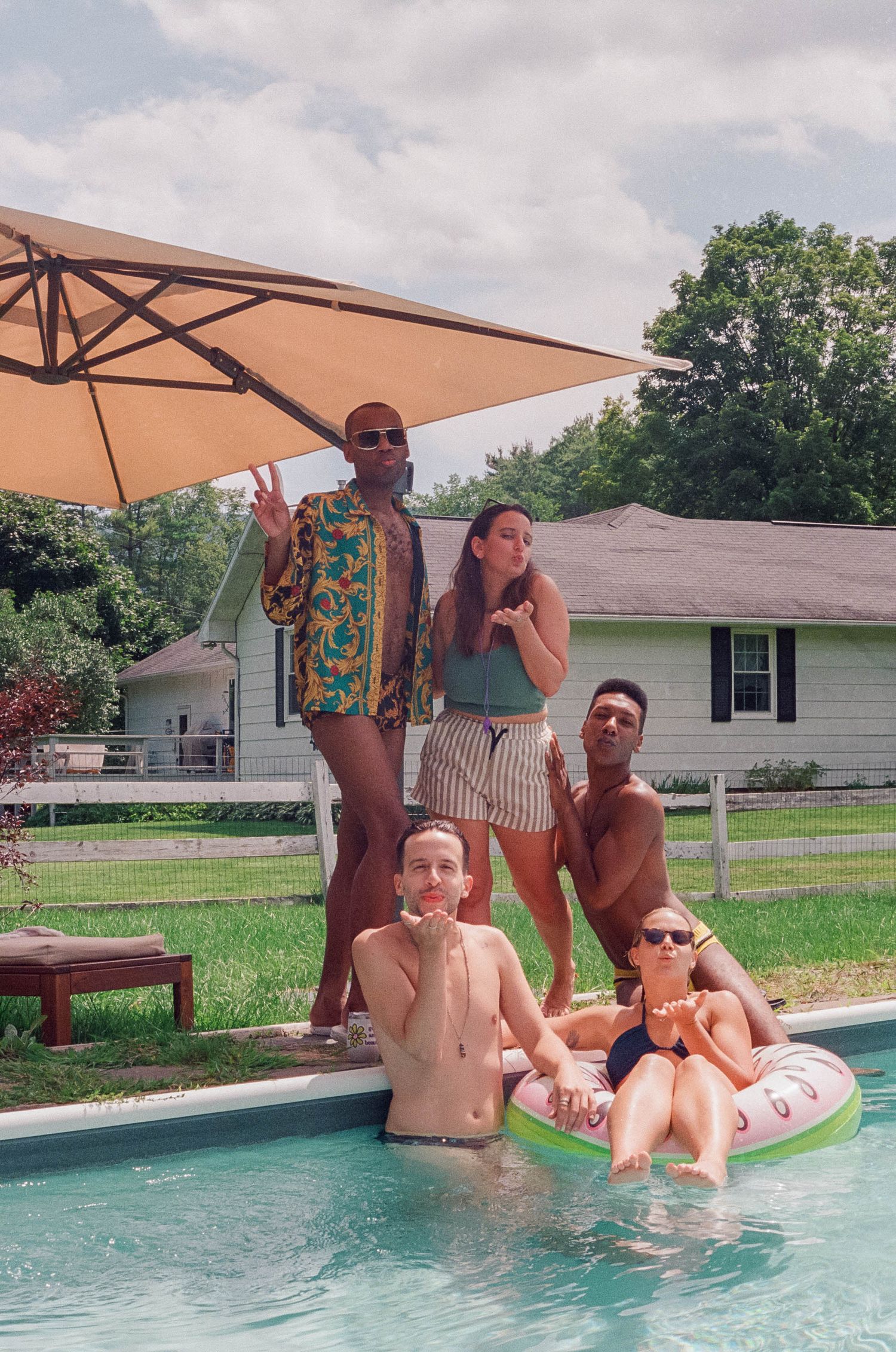 bridal party upstate on film vintage poolside