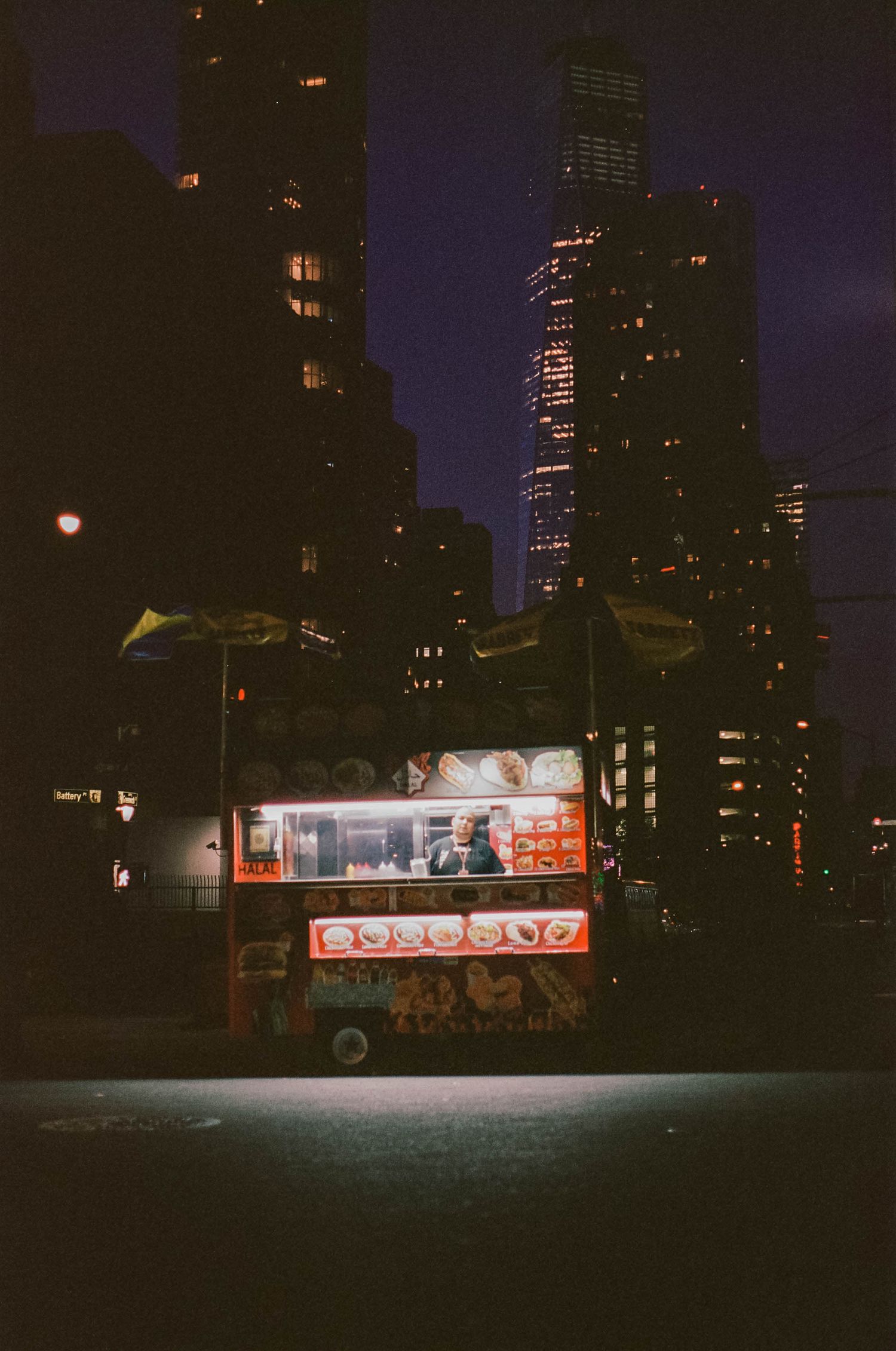 nyc at night, hot dog cart on 35 mm film