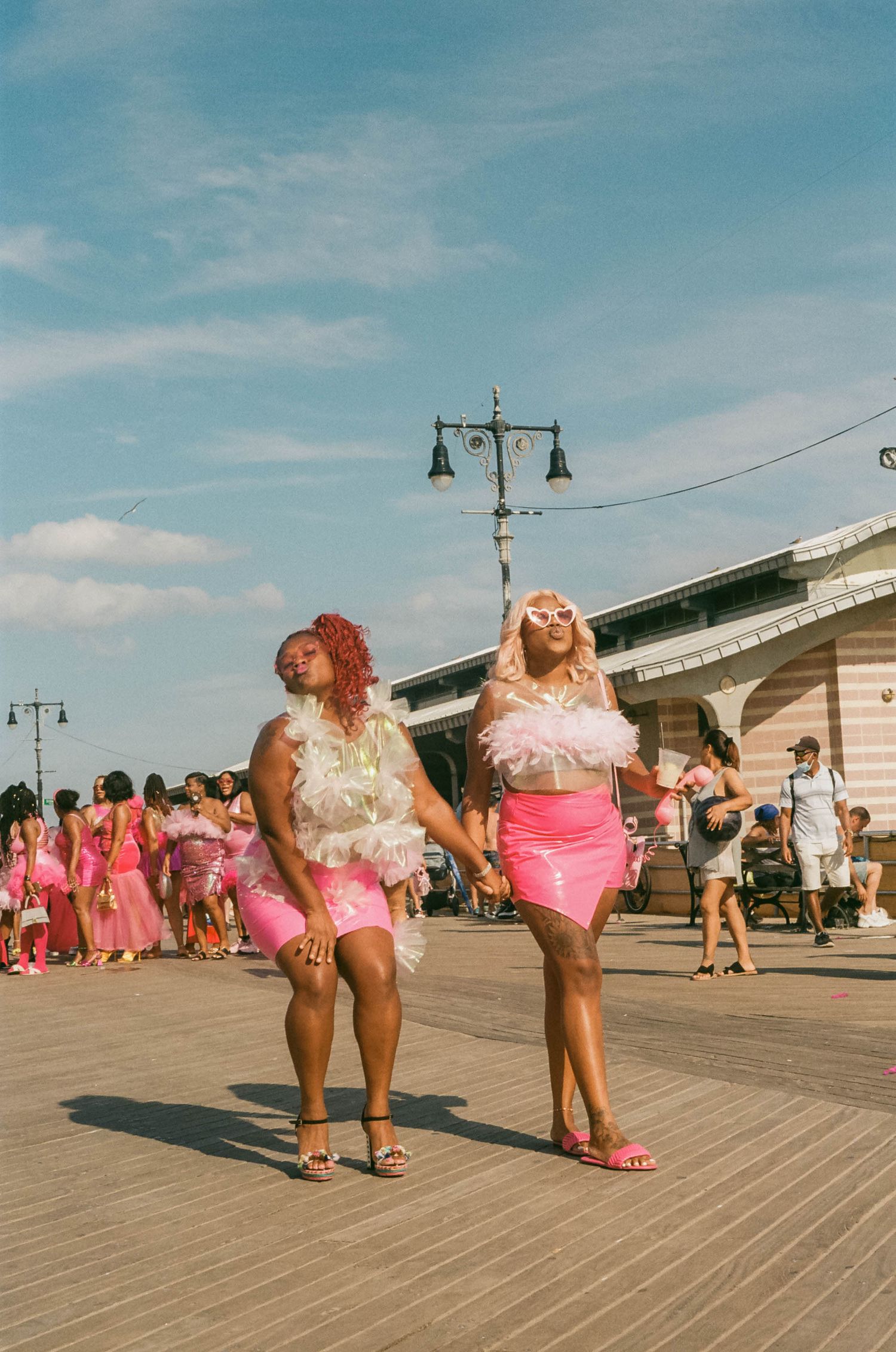 coney island summer ladies in pink on boardwalk film 35mm kodak gold