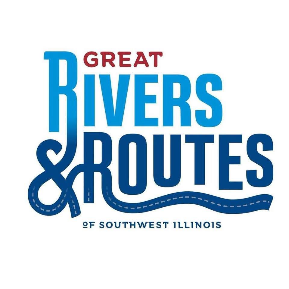 Great Rivers & Routes of Southwest Illinois tourism logo featuring bold blue and red typography with a river wave design.