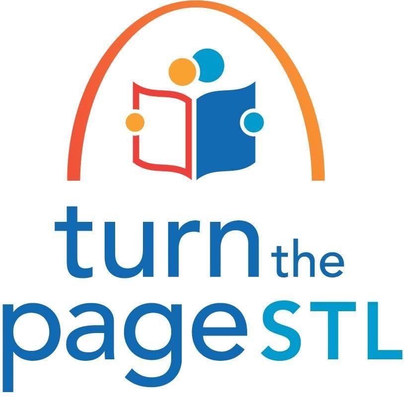 Turn the Page STL literacy nonprofit logo with colorful arch and people reading a book.