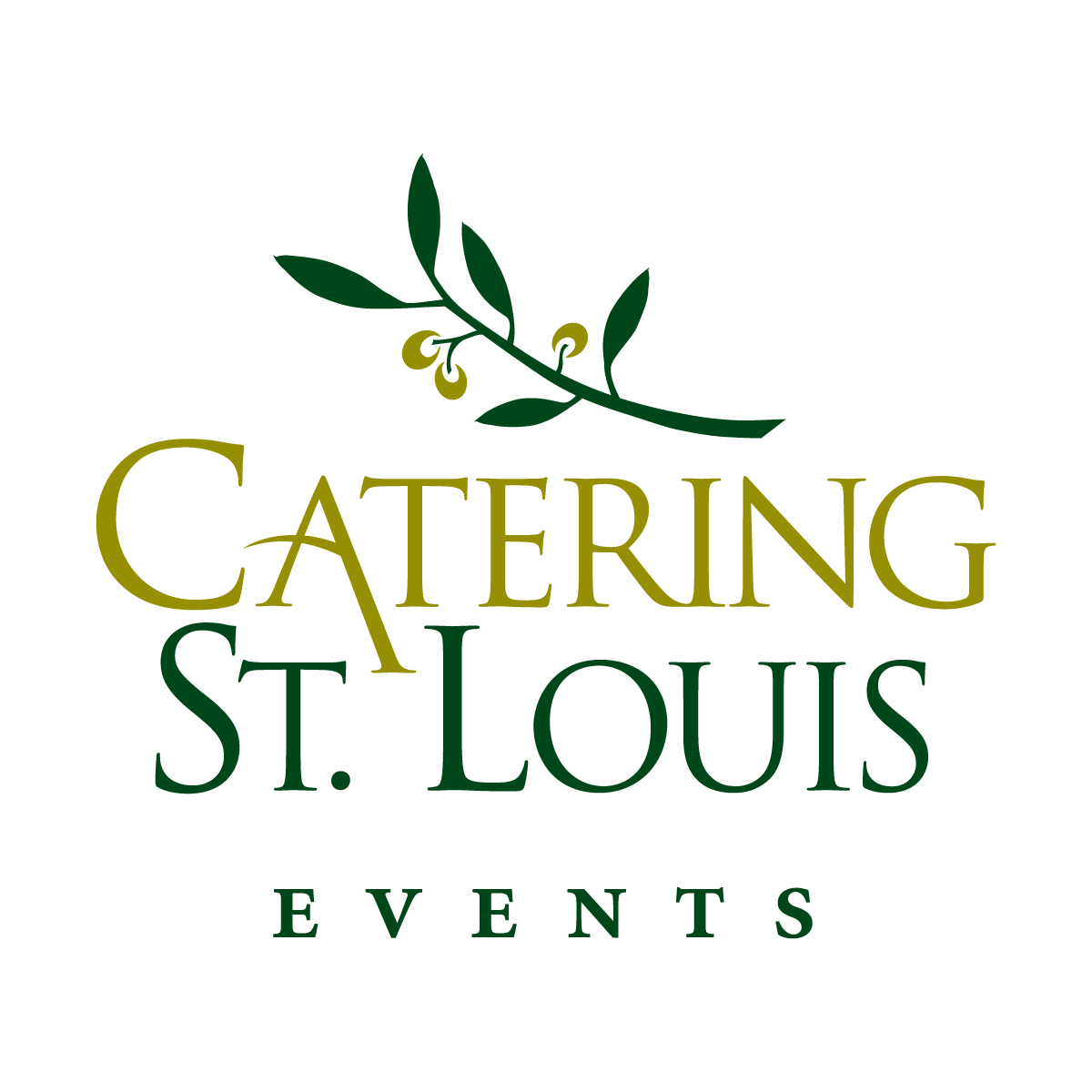 Catering St. Louis Events logo with olive branch and gold and green typography.