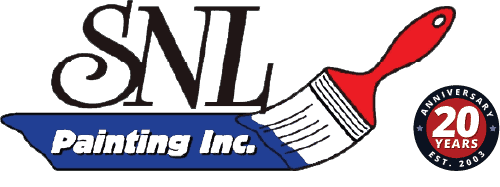 SNL Painting Inc. logo featuring a red paintbrush and 20th anniversary badge on a blue and white design.