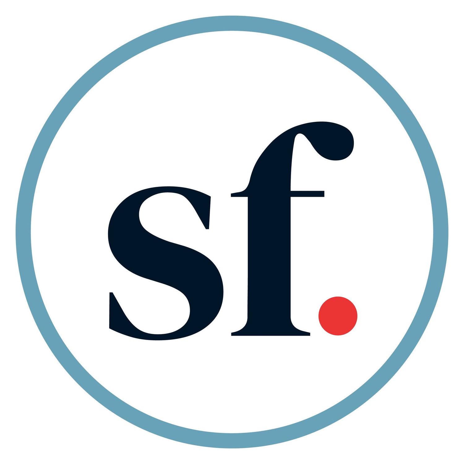 Circular logo featuring dark navy 'sf.' text with a red period accent, enclosed in a light blue circle border.