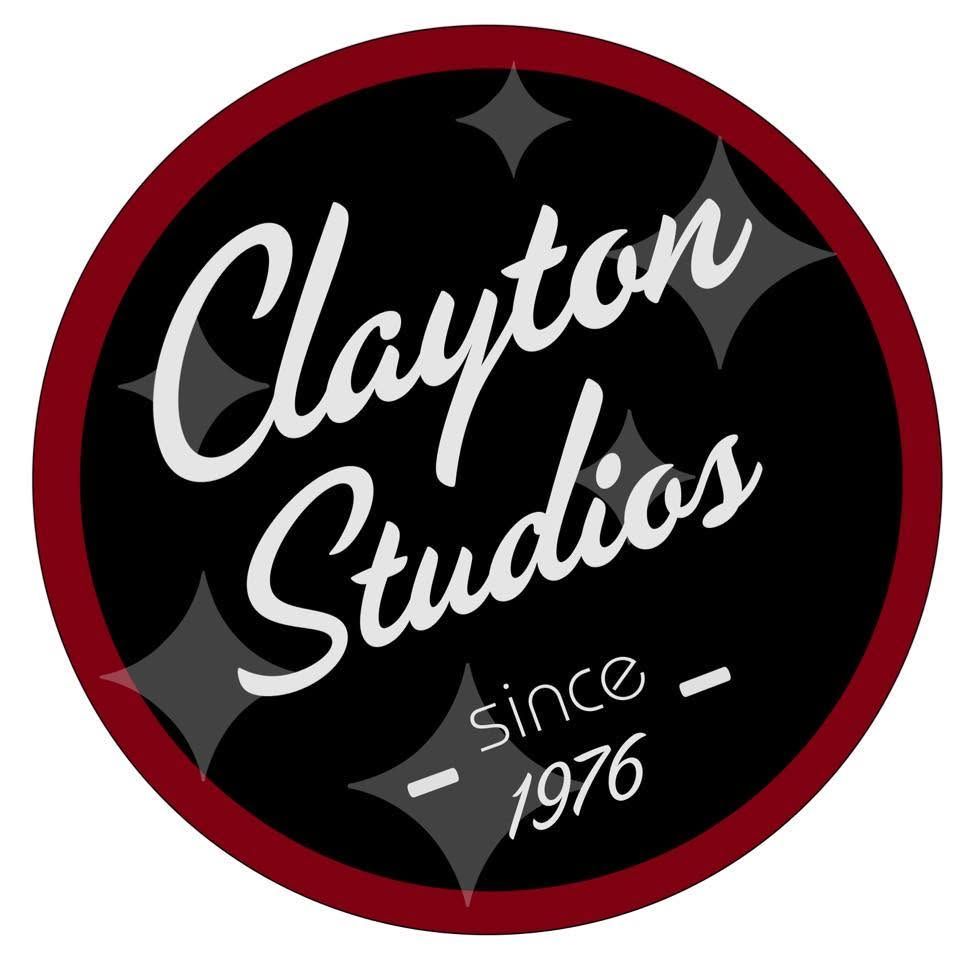Clayton Studios circular logo with decorative stars on black background, established since 1976, featuring red border.