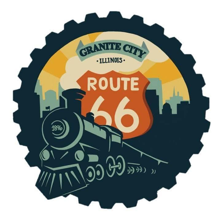 Vintage Route 66 Granite City Illinois gear-shaped badge with retro steam train and city skyline design.