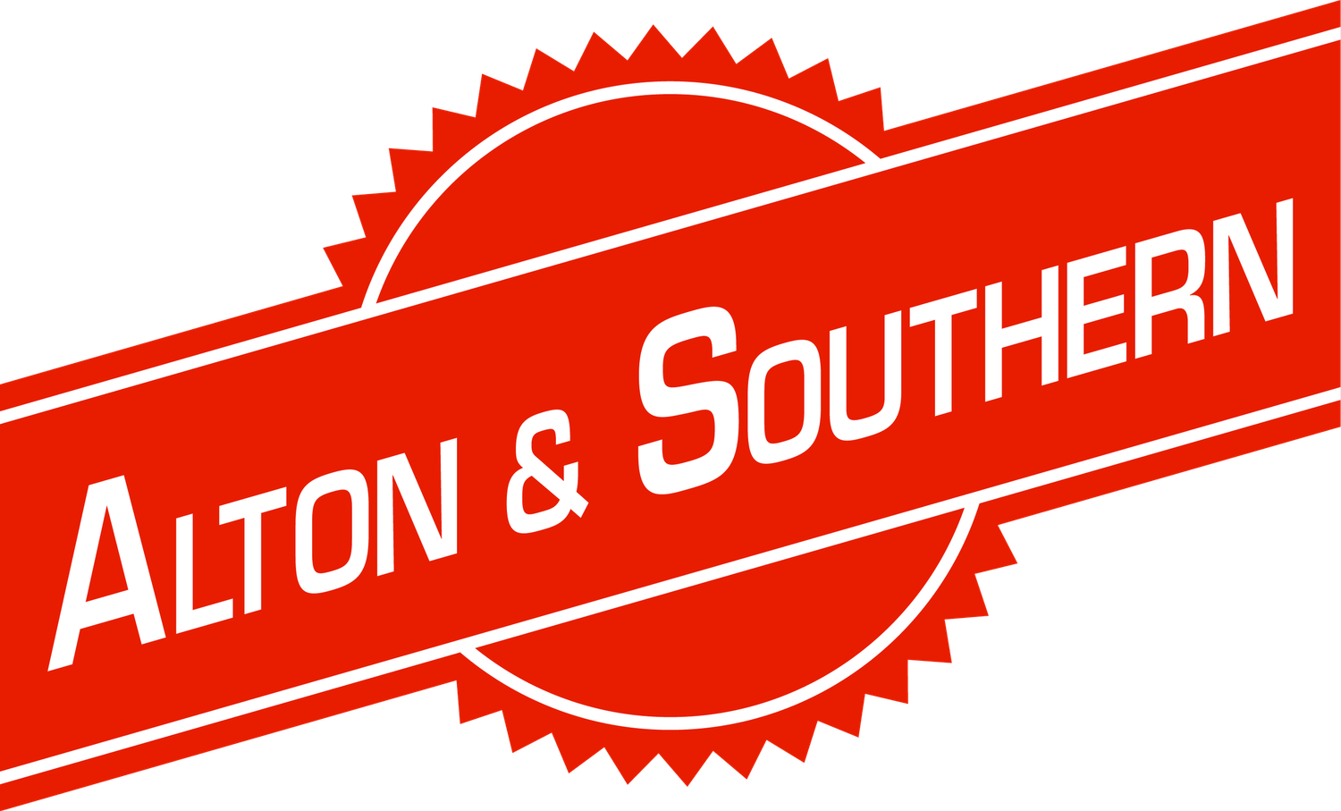 Red logo of Alton & Southern Railway featuring bold white text on a ribbon banner with a gear-shaped circular border.
