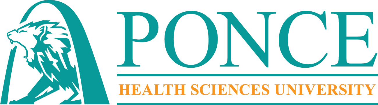 Ponce Health Sciences University logo featuring a lion emblem and teal arch design.