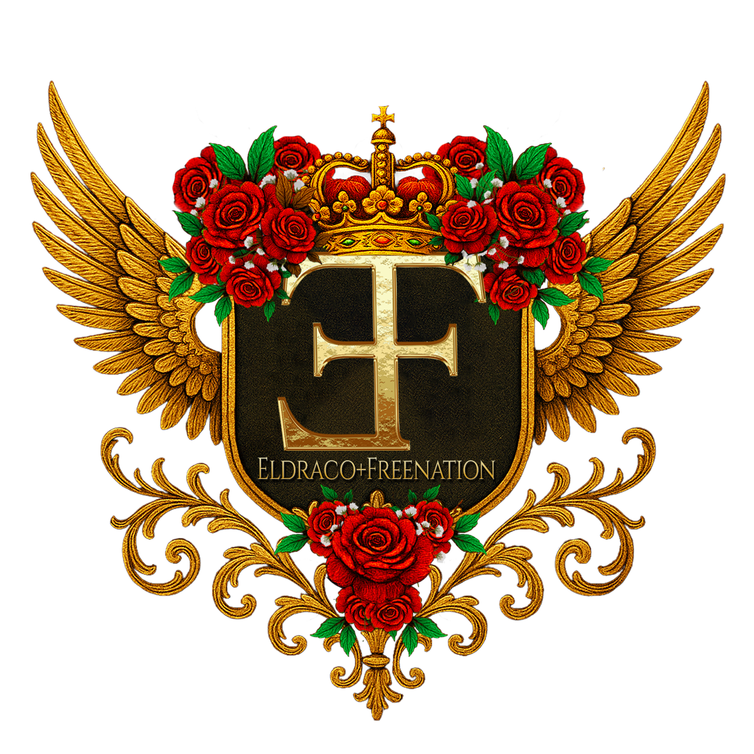 Gold heraldic crest with wings, crown, cross, and red roses for Eldraco Freenation emblem.