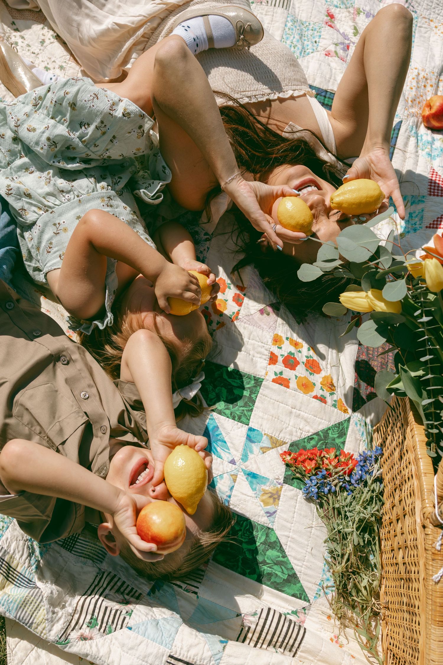 Picnic scene with fresh fruits and wicker basket on a patterned blanket in direct harsh sunlight.