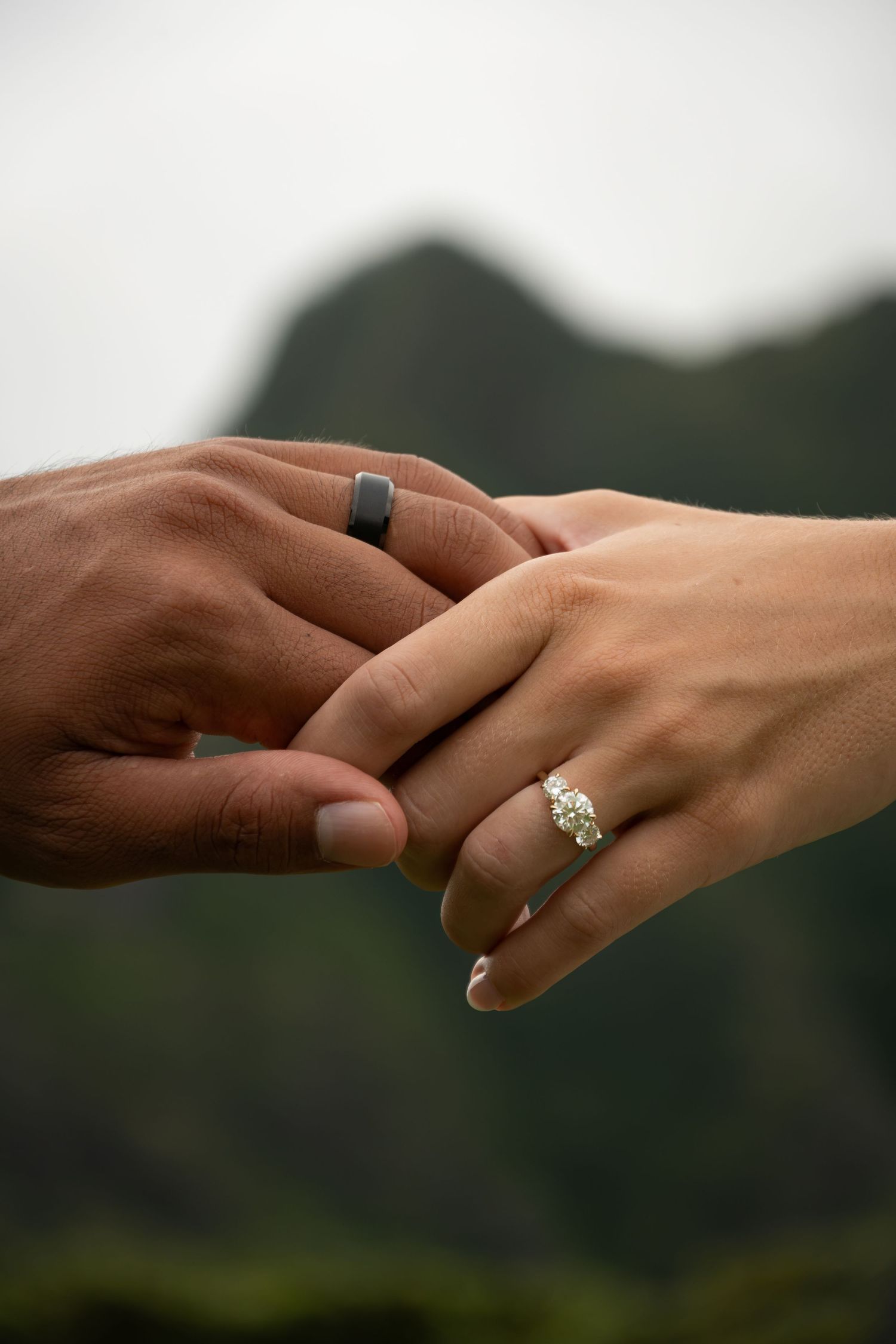 Close-up of bride and groom holding hands showing diamond engagement ring and black wedding band with mountains in background.