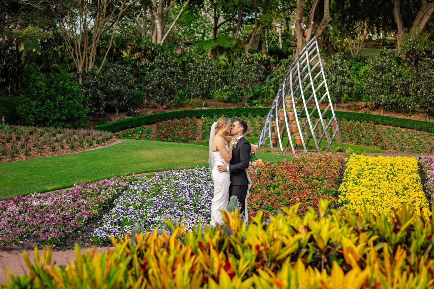 A couple walks through a vibrant garden path surrounded by blooming yellow and purple flowers in springtime.