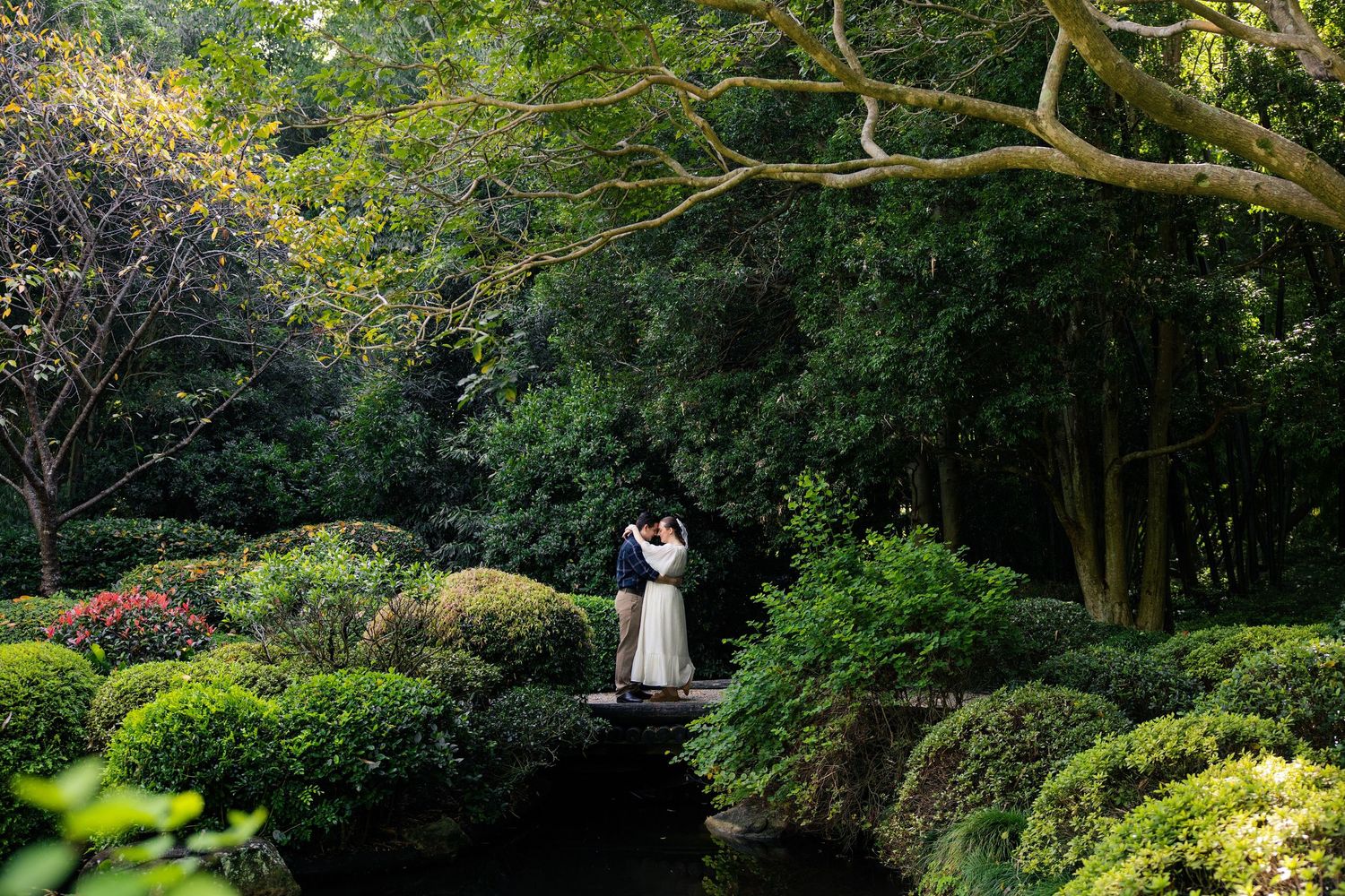 A couple embraces on a bridge surrounded by lush green gardens and trees in a serene outdoor wedding photo.