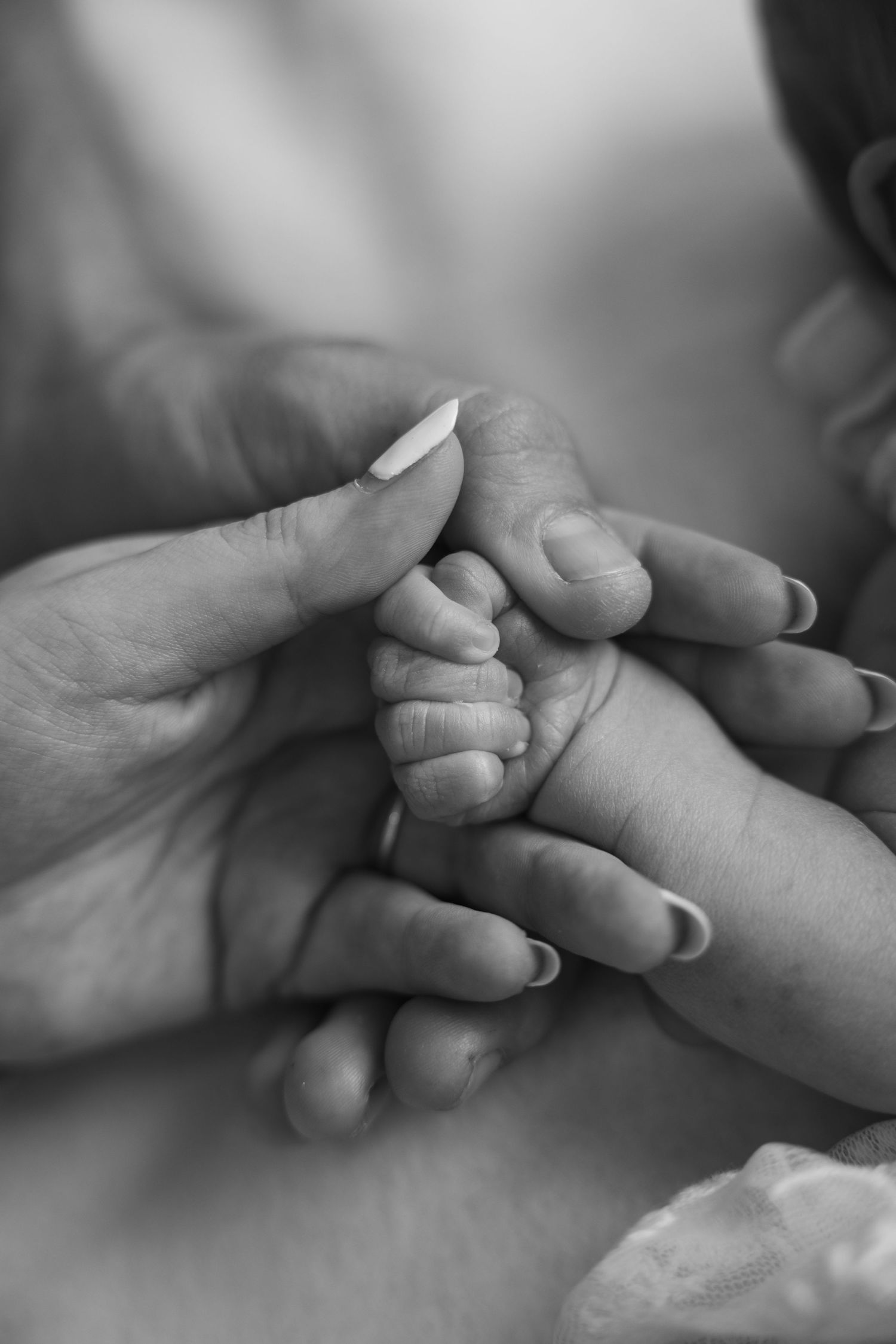 Black and white photo of a newborn baby's tiny hand grasping an adult's finger, symbolizing love and new life.