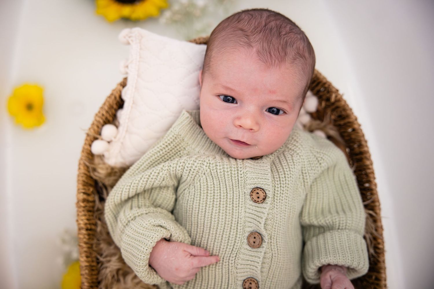 A small baby wearing a cozy knit cardigan sweater lies in a woven basket with yellow flowers in the background.