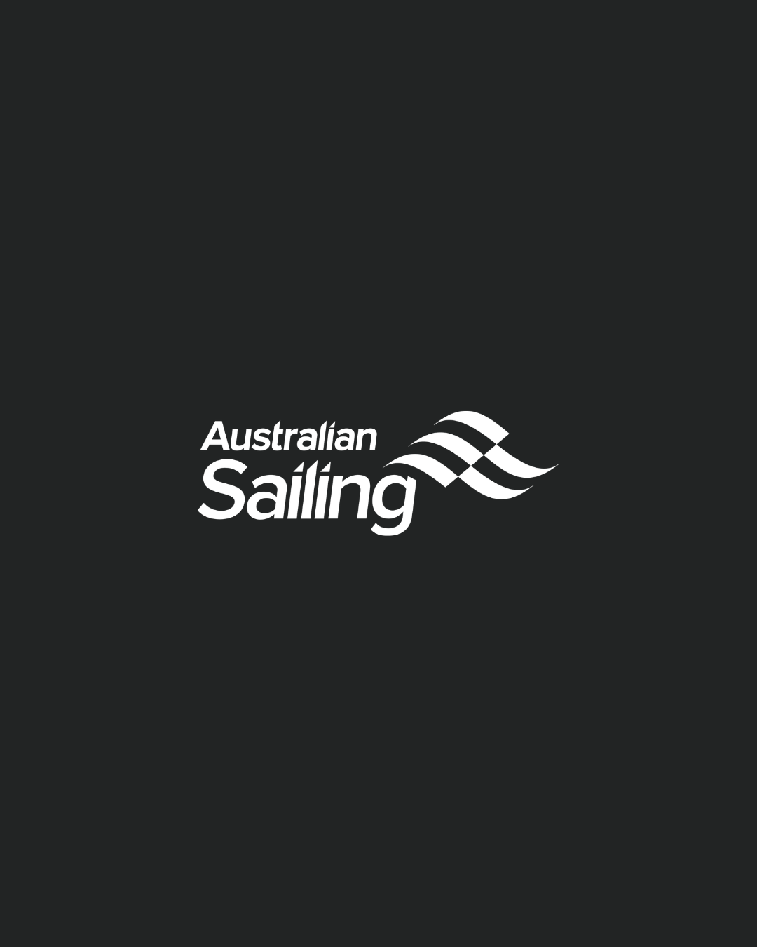 Australian Sailing official logo in white on a dark charcoal background featuring stylized wave graphic design.