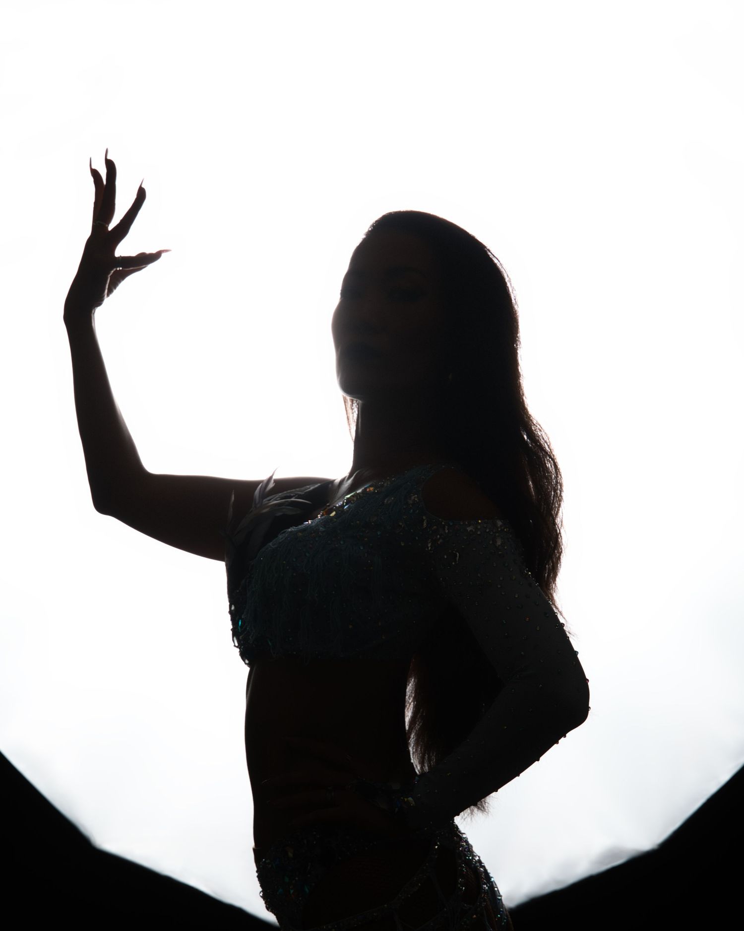 Dramatic silhouette of dancer posing gracefully with raised arm against bright white background.