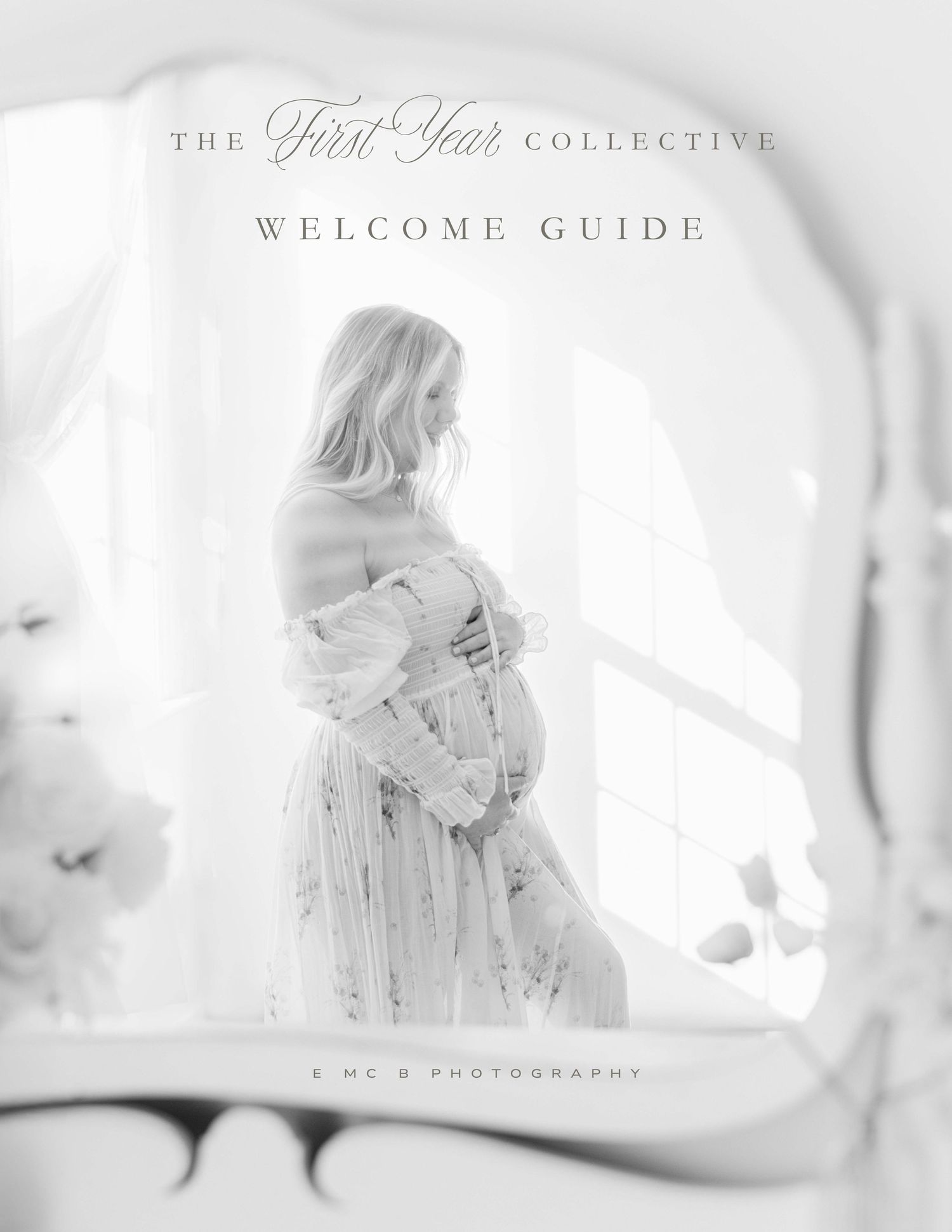 Black and white maternity photo on welcome guide cover for The First Year Collective photography studio.