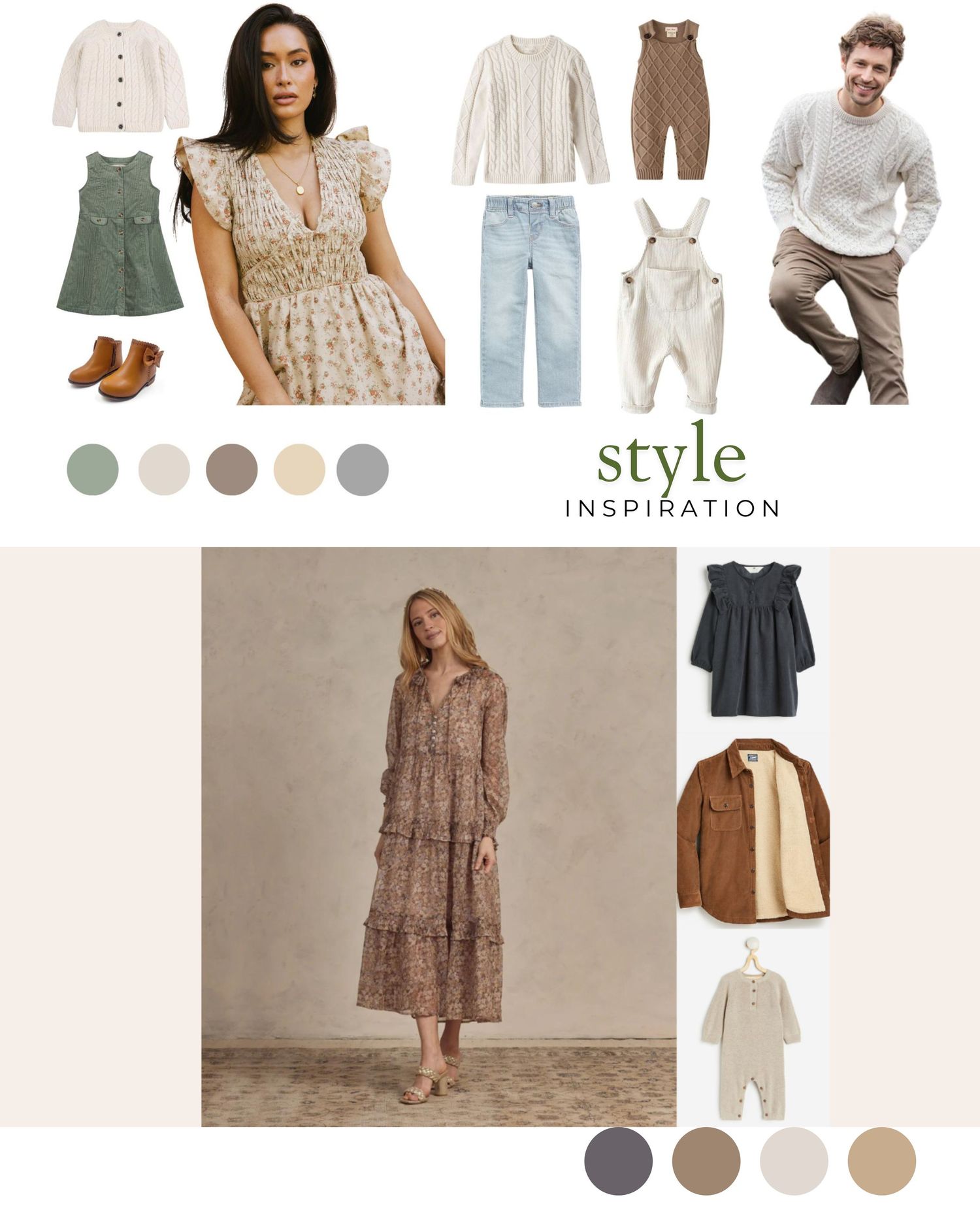 Fashion style guide showing neutral colored clothing options for family photo sessions.