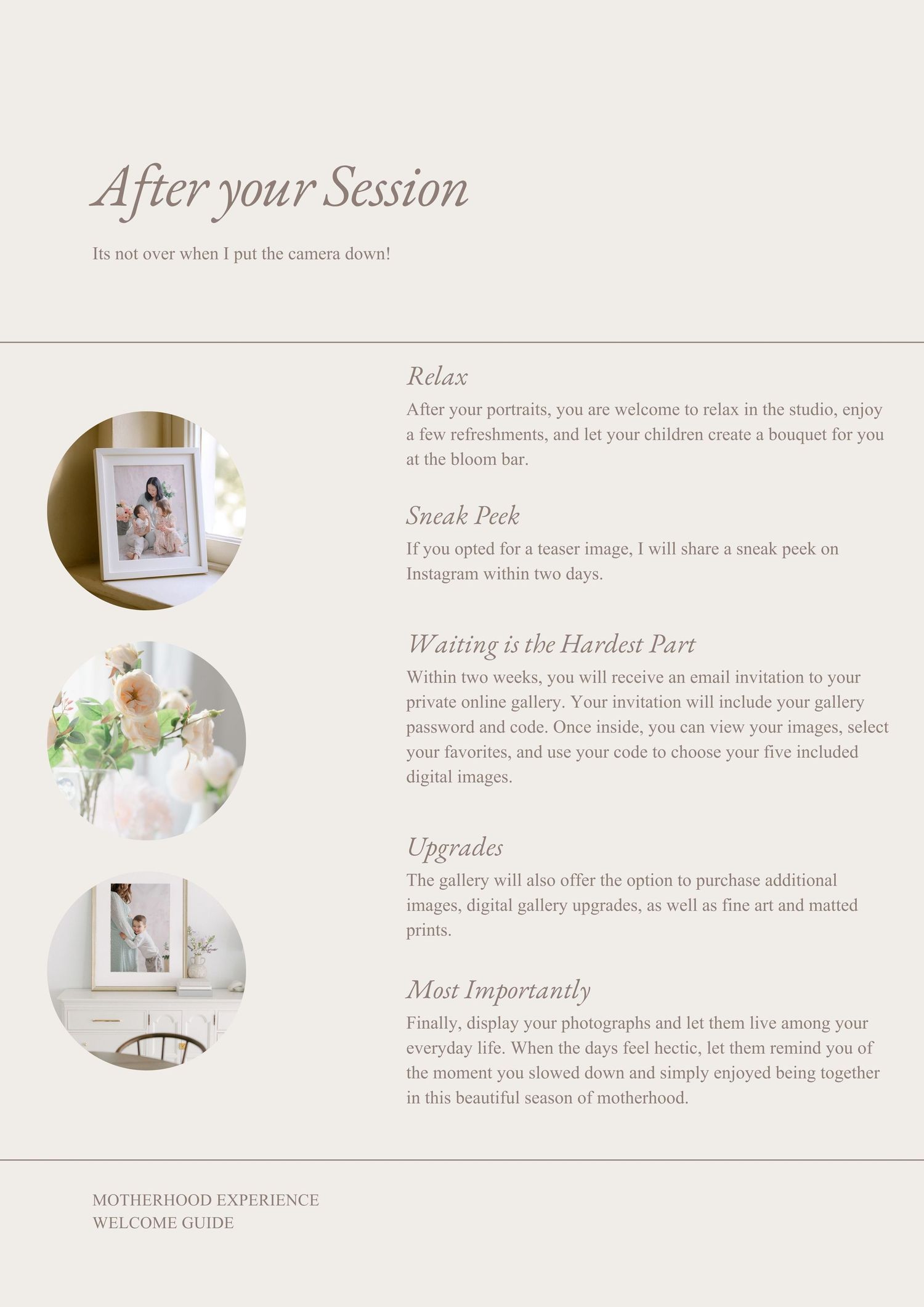 Framed newborn and motherhood portraits displayed in a light and airy studio photography setting in Richmond Virginia