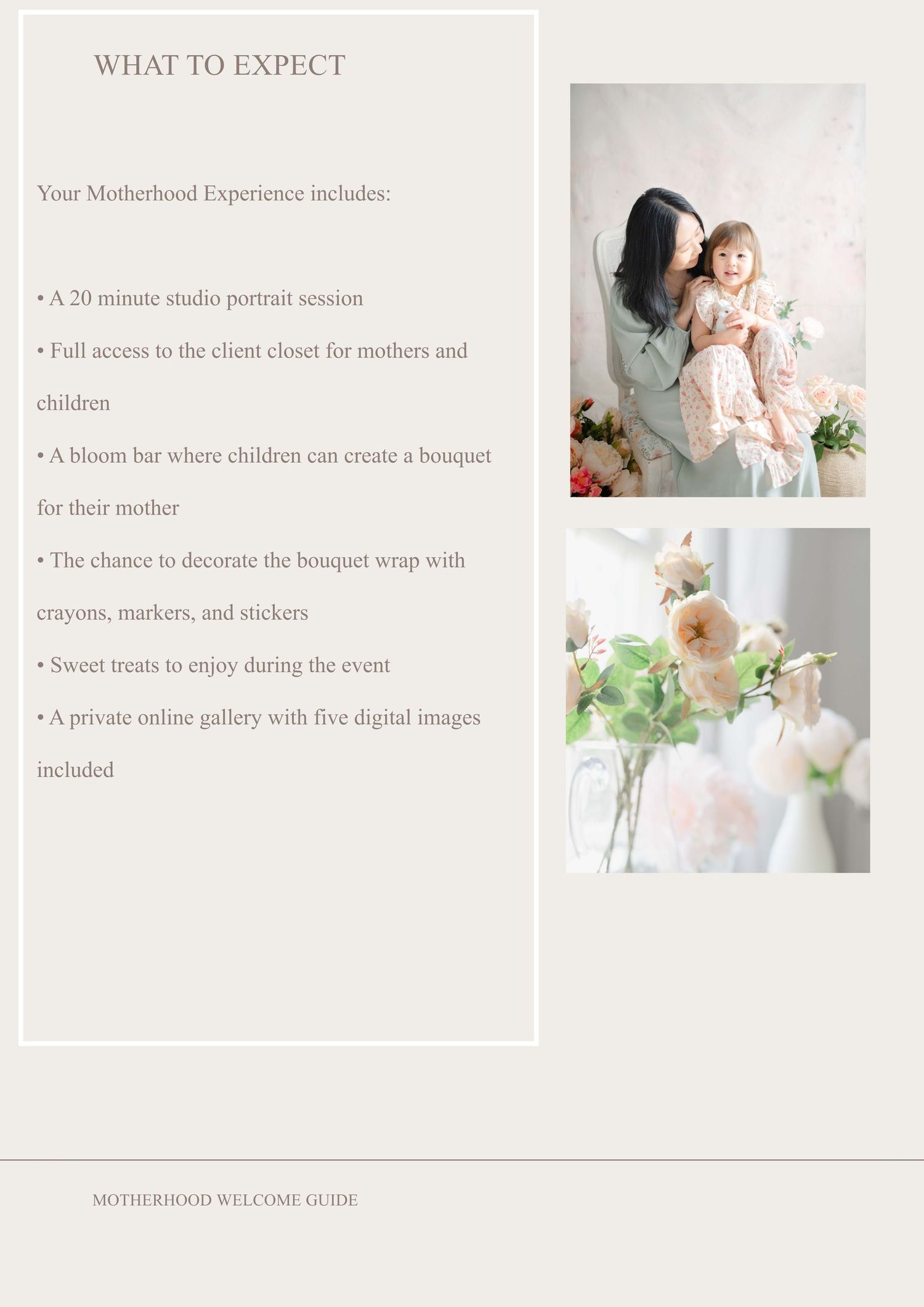 A collection of marketing materials showing photo session details and client experience in Moseley Virginia