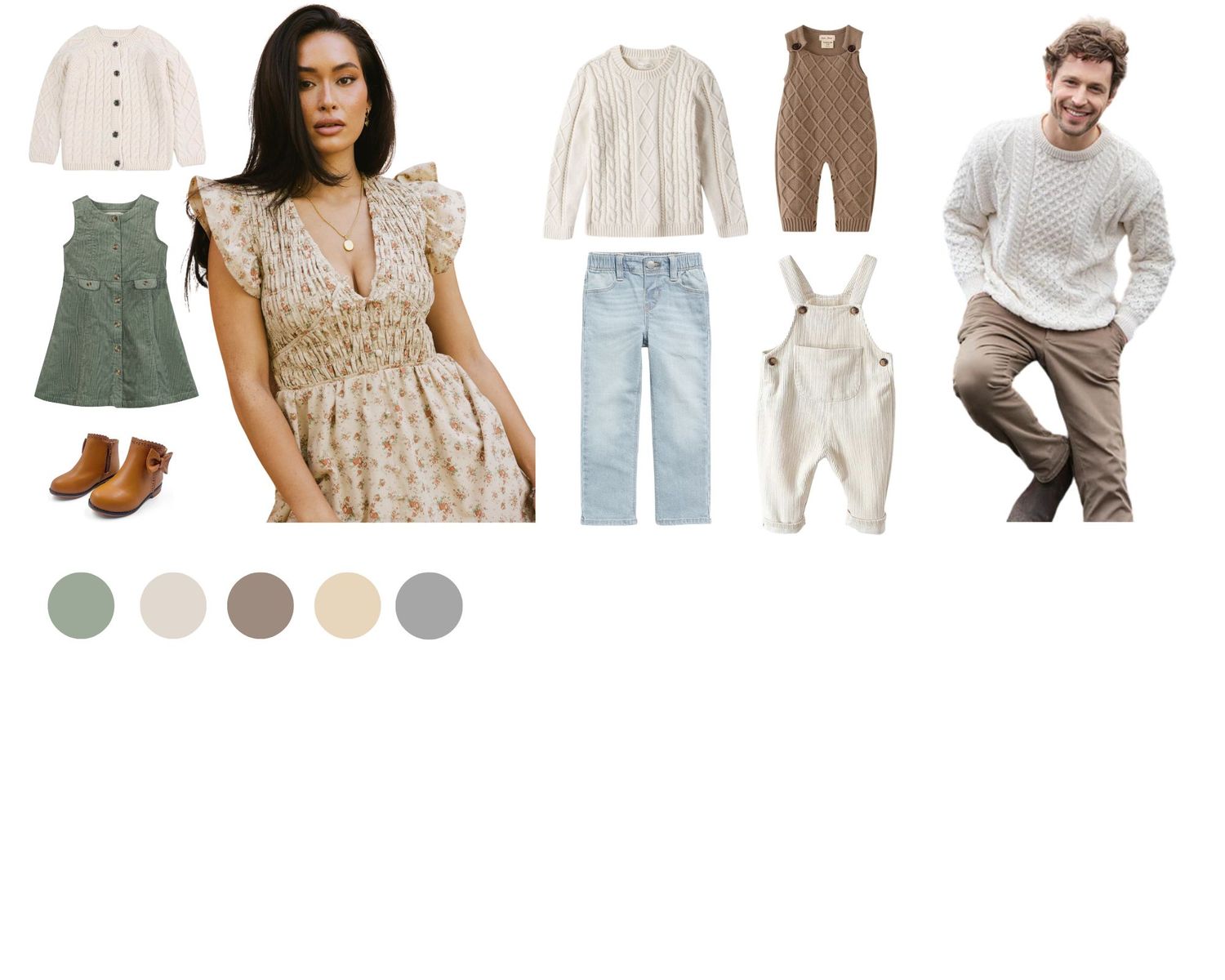 Collection of neutral-toned clothing and accessories arranged in a style guide layout.