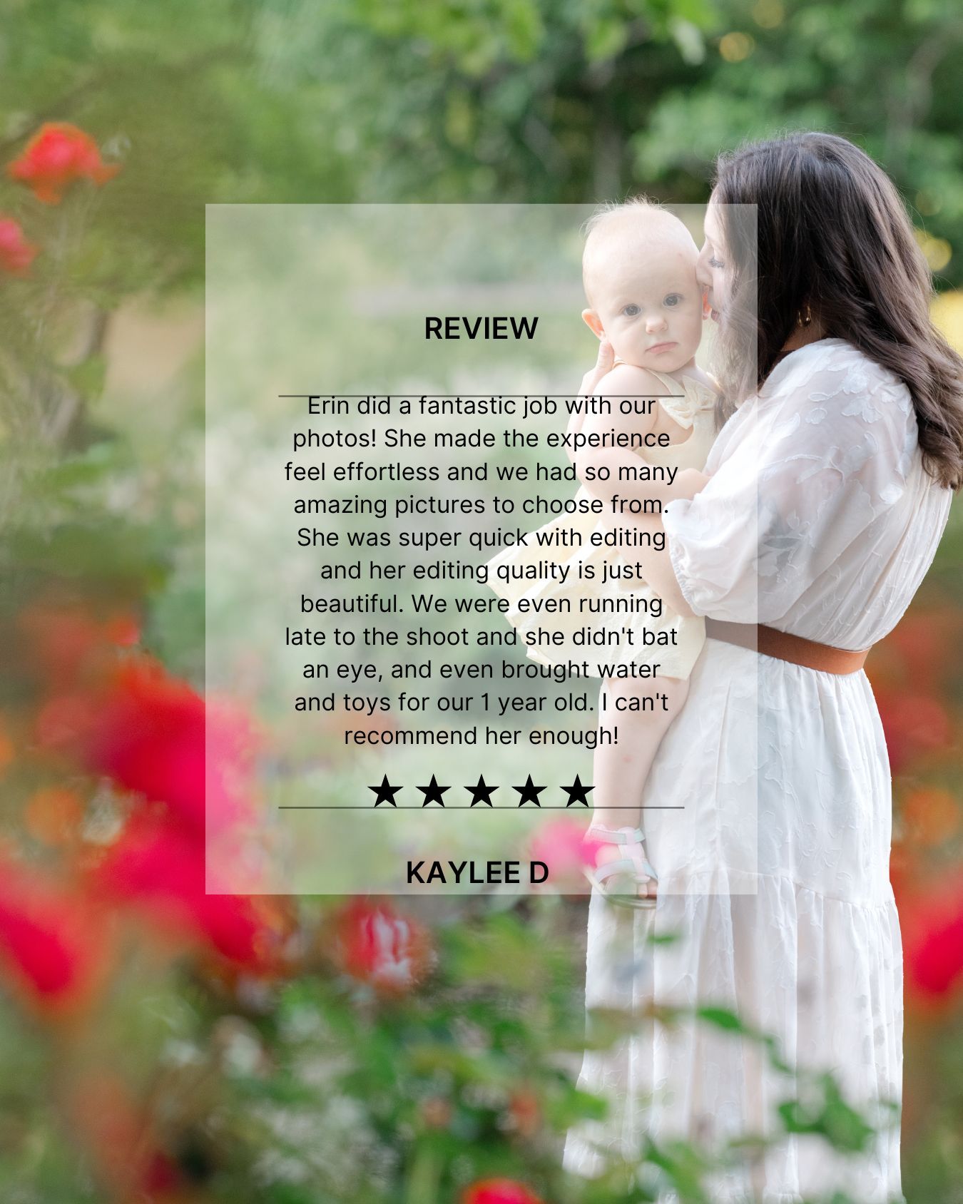 Five-star customer review card for Erin's photography, featuring a mother and baby in a lush garden setting.