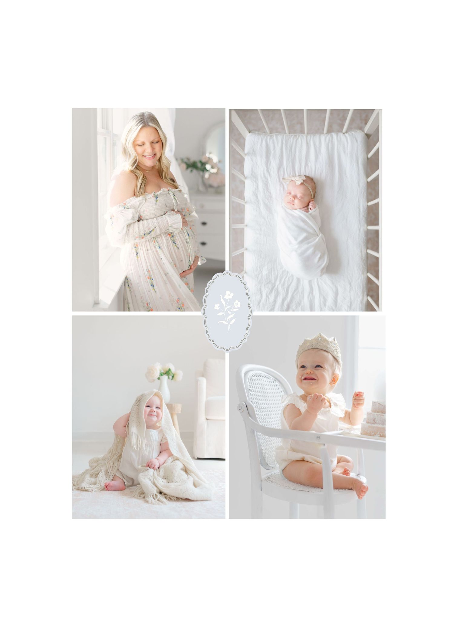 Maternity and newborn photo collage featuring a pregnant woman, sleeping baby in crib, toddler with blanket, and infant in chair.